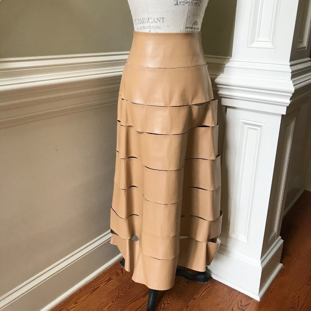 A.W.A.K.E Mode Multi Strap Midi Skirt Womens 40 Tan Vegan Leather A-Line Awake - Picture 9 of 15